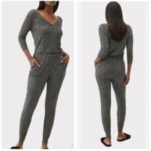 Michael Stars Rex Ribbed Jumpsuit Heathered Gray V-Neck 3/4 Sleeves Joggers M